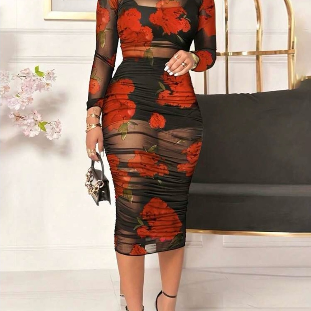 SHEIN Black and Red Floral Mesh Dress